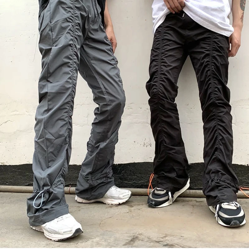 

2021 Retro pleated drawstring micro horn cargo pants Men's high street slim casual pants Hip hop street pants skateboard pants