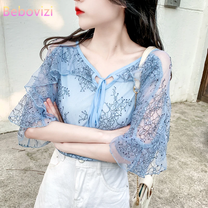 2020 модная Корейская Летняя Сексуальная сетчатая Женская офисная блузка и топы