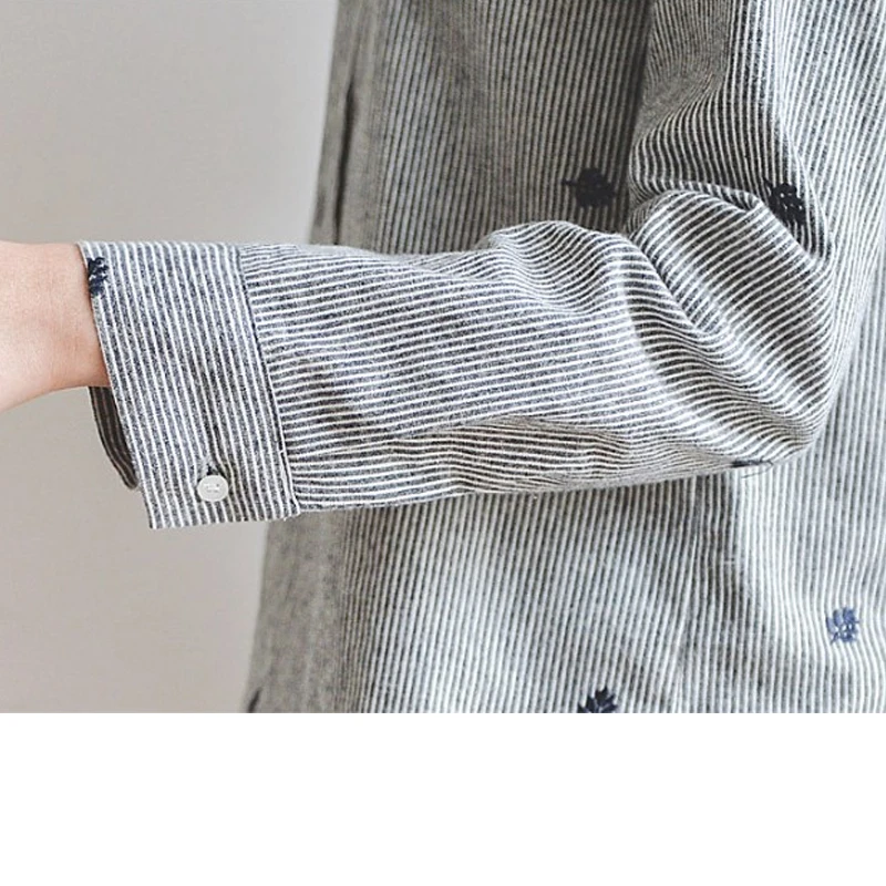 Мода Новый 2019 г. серый Женская блузка в полоску рубашка с длинным листьев рукавом