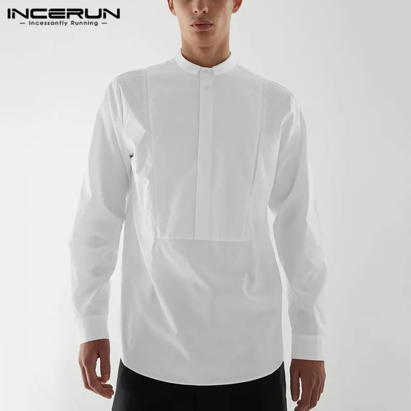 

Man Solid Color Button Camisa Leisure Button Shirt INCERUN Mens Vintage Shirts Spring Long Sleeve Stand Collar Blouse Plus Size