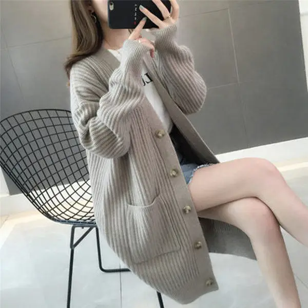 

Spring Autumn Knitted Cardigan Mid-length Loose Sweater Women 2021 New Thicken Korean V Neck Button With Pocket Outwear Ladies