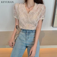 lace mesh blouse womens plus size v neck women tops and blouses single breasted shirt elegant loose vintage apricot shirts chic
