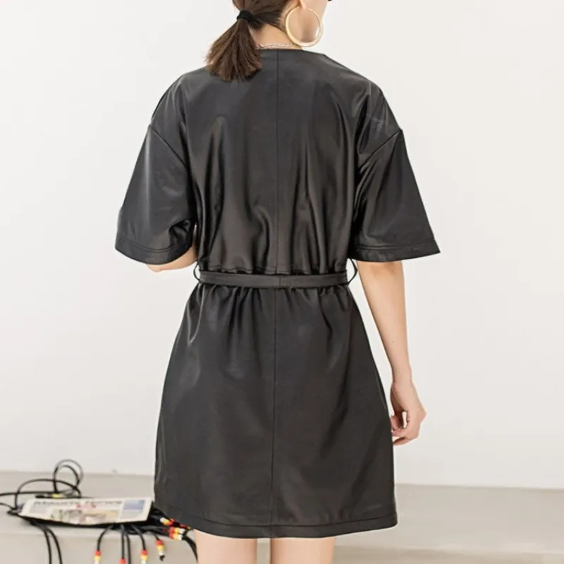 

Leather Brand Genuine Dress Female Streetwear Short Sleeve Round Neck Elegant Office Sheepskin Straight Dress Plus Size 3XL