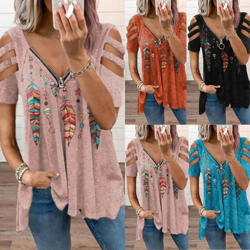 

Fashion Trend Women T-Shirt Retro Print Zip V-Neck Short Sleeve Tops Tees 2021 Summer Casual Loose Tops Ladies Street T-Shirt