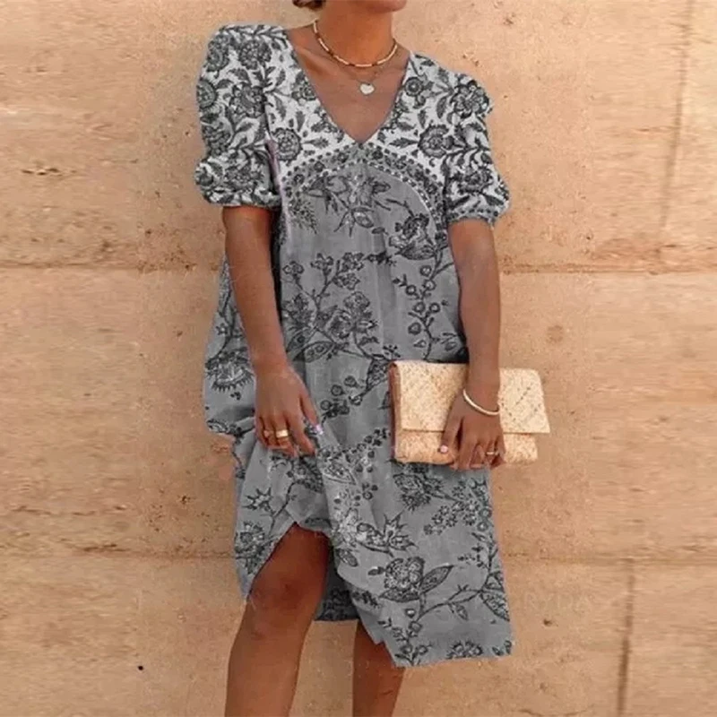 

Women Casual Puff Sleeve Loose Dress Ladies Elegant V Neck Retro Printing Party Dress 2021 Summer Plus Size Femme Dress Vestidos