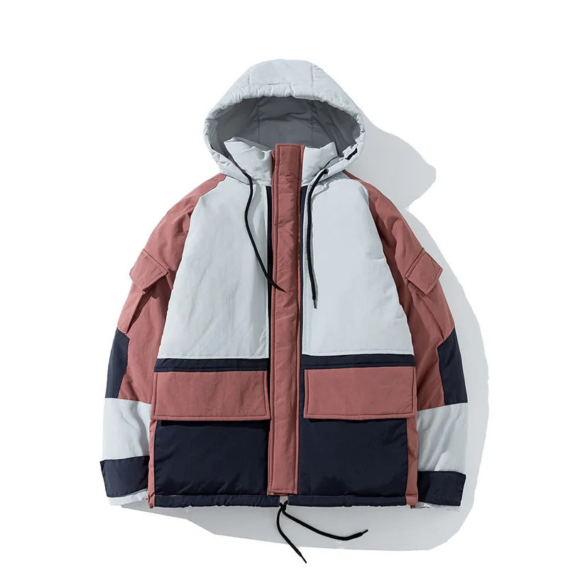 New Men's Cotton-padded Jacket Korean Version of Color-blocking Winter Thick Warmth Hooded Young Couple Tooling Men's Clothing
