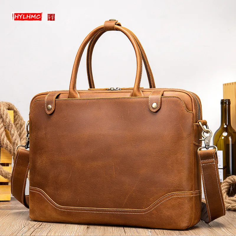 Genuine Leather Large-capacity Men's Handbags Laptop Bag Crazy Horse Leather Business Briefcase Shoulder Messenger Bags Male New