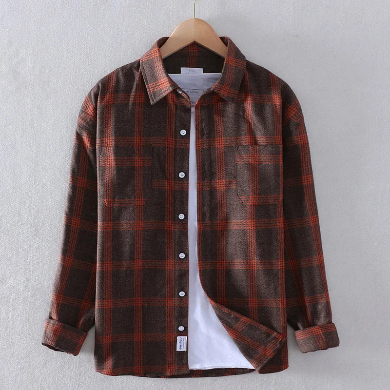Orange Plaid Schinteon Мужская Осенняя шлифованная клетчатая рубашка с длинными рукавами Повседневная зимняя приталенная рубашка с отложным воротником наивысшего качества модная - Цвет: Orange Plaid
