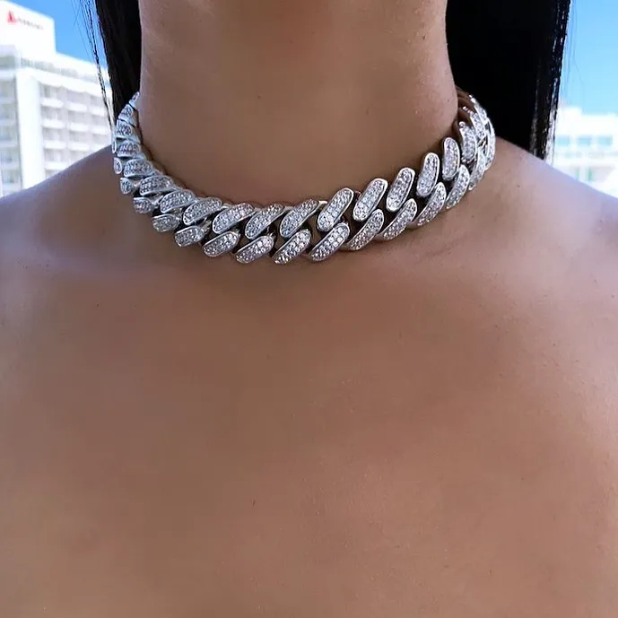 

big heavy chunky cuban choker women necklace 15" 16" 18" iced out bling 5A cubic zirconia hiphop women jewelry