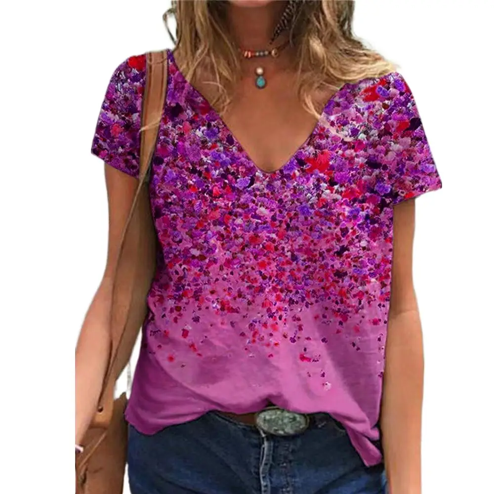 

Women's Clothing Summer Tops Pop Pop Woman's V-neck Flower Printed Short Sleeved Tees Spring Casual Loose T-shirt Plus Size