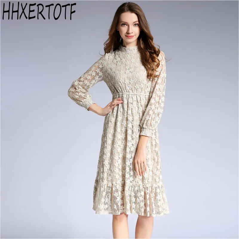

2021 spring Dresses Women's Fashion Slim Sexy Floral Crochet Hollow Out Vestidos Casual long sleeve Lace Dress