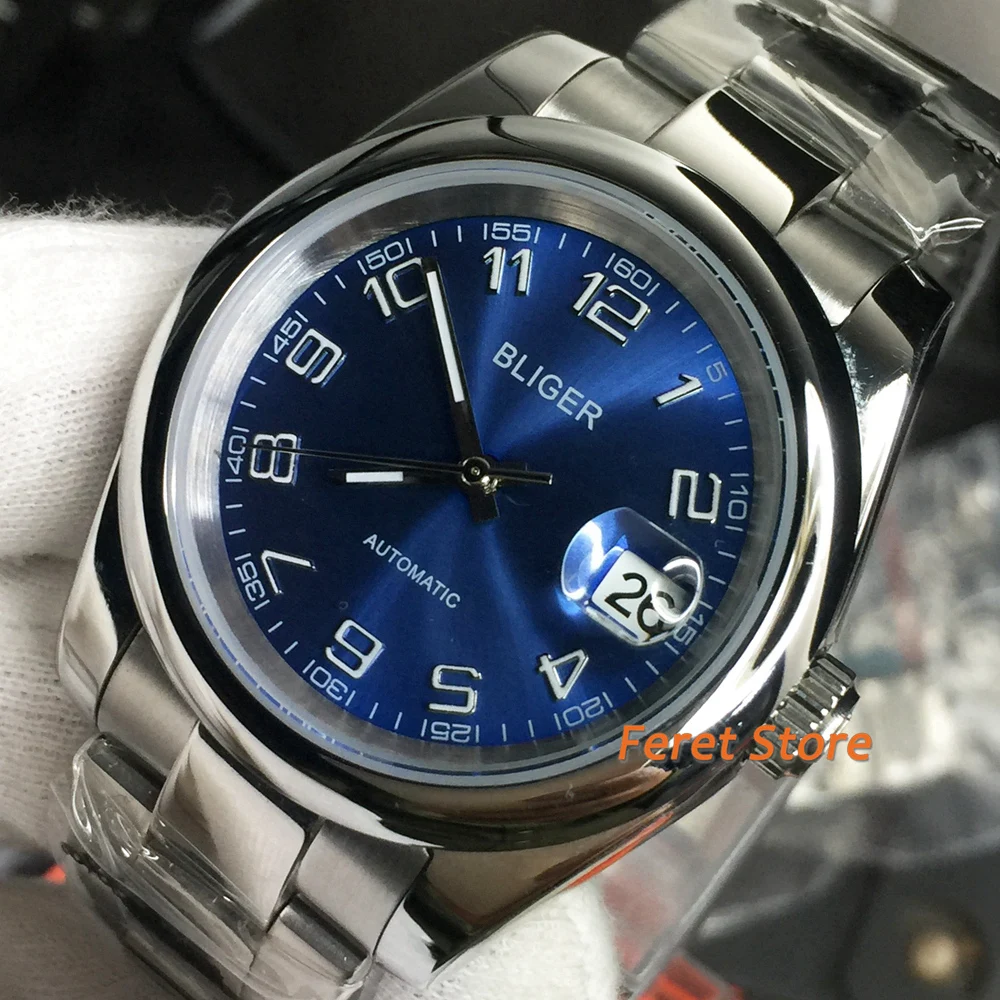 BLIGER 39mm Blue Automatic Men Watch 21 Jewels MIYOTA 8215 Movement Sapphire Crystal Steel Band Date Display