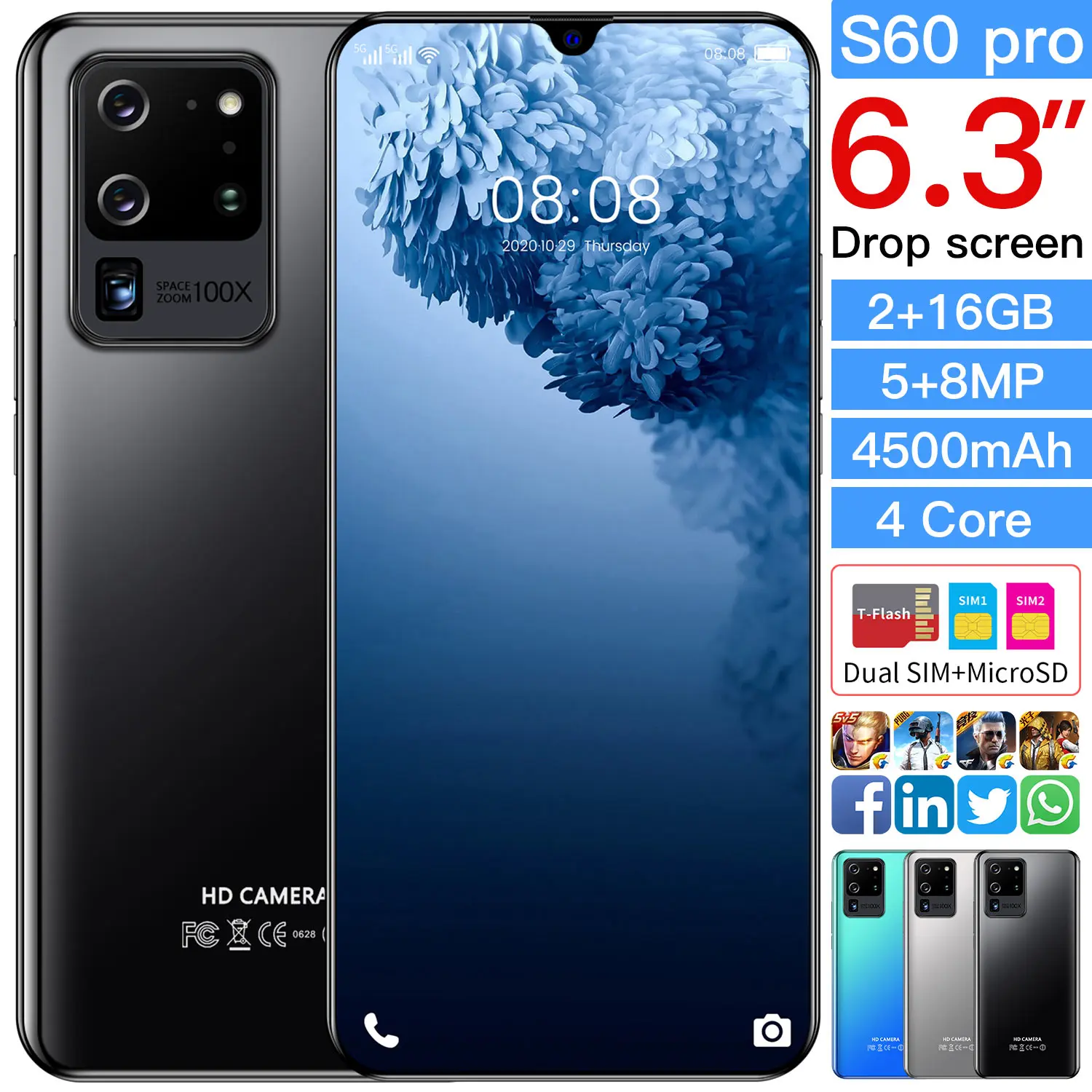 

PLTDP S60 pro Global Version 6.3 inch Smartphone 16GB ROM 5+8MP Mobile Phone 4500mAh Cell Phone Add TF Card Telephone
