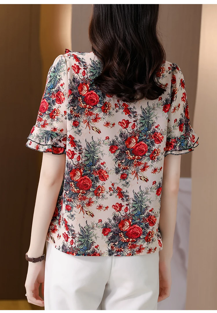 

Chiffon Slim Women's Blouses New Casual Blouse Floral V-neck Pullover Summer Fashion Short Sleeve Shirt Houthion