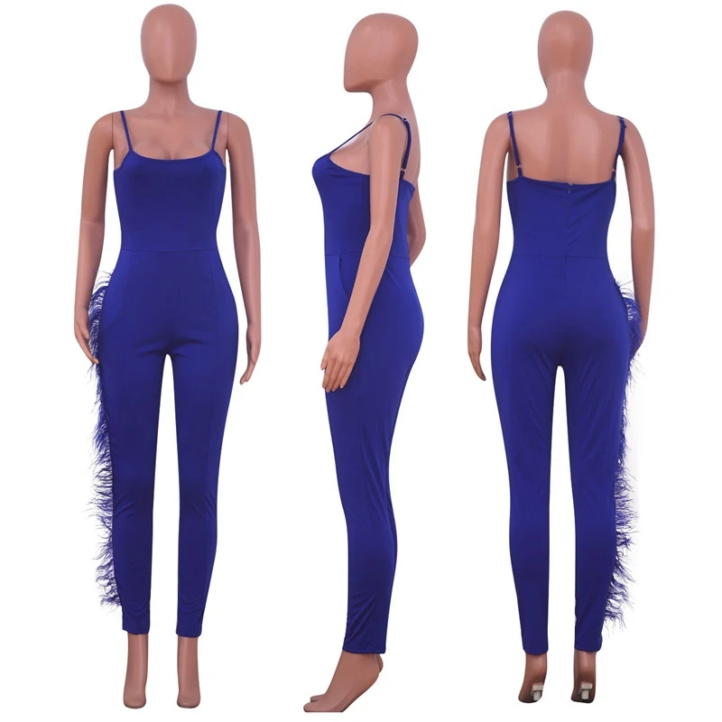 

Side Feather Jumpsuit High Quality Women Strap Women Playsuit Sleeveless Bandage Bodycon Party Jumpsuit