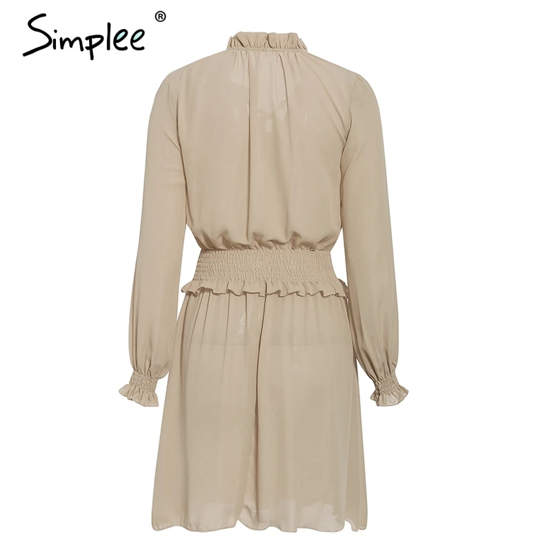 Simplee Lace up ruffled A-line women dress Elastic high waist short vintage dress Bohemian lantern sleeve female party dress