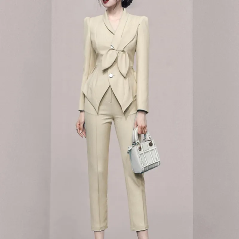 

2 Pieces Set Autumn Business Formal Suits Women Work Office Long Sleeve Nine Pants Womens Vestidos