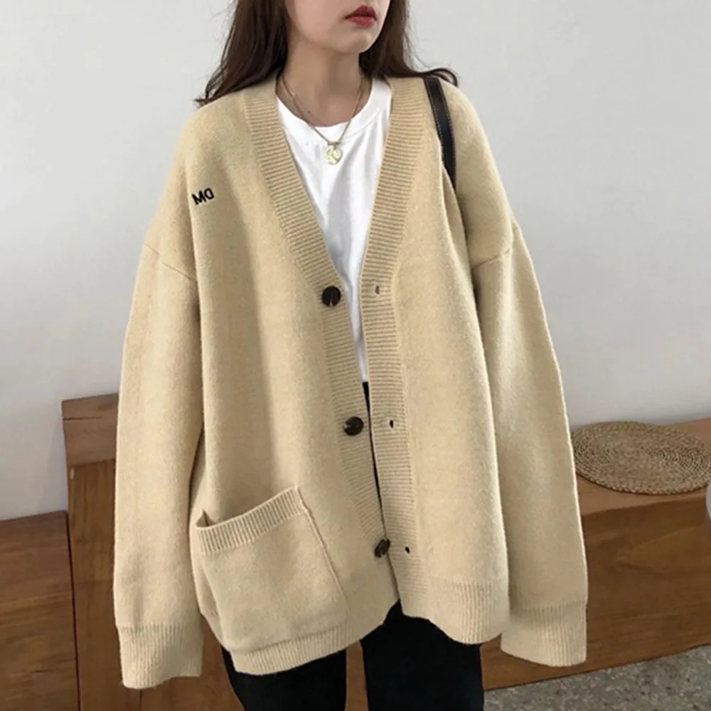 

Винтажный корейский женский вязаный кардиган, свитер, куртка, Осень-зима, свободный дизайн, нишевые буквы, простой элегантный топ на пуговиц...