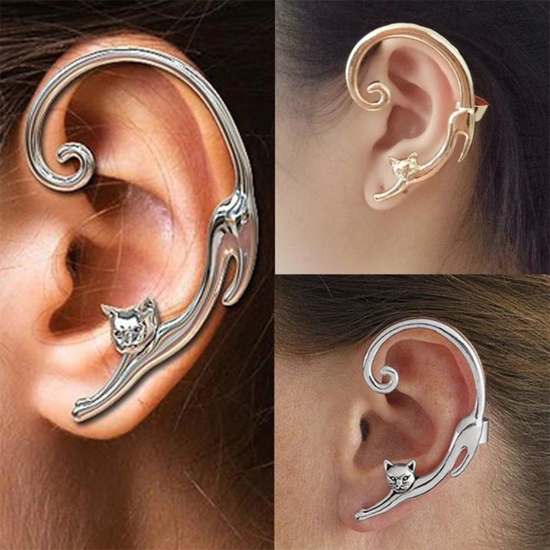 

1PC Punk Style Cat Ear Cuff Earrings Cartilage Rock Animal Stud Earrings Female Girl Ear Wrap Jewelry Black Gold Silver