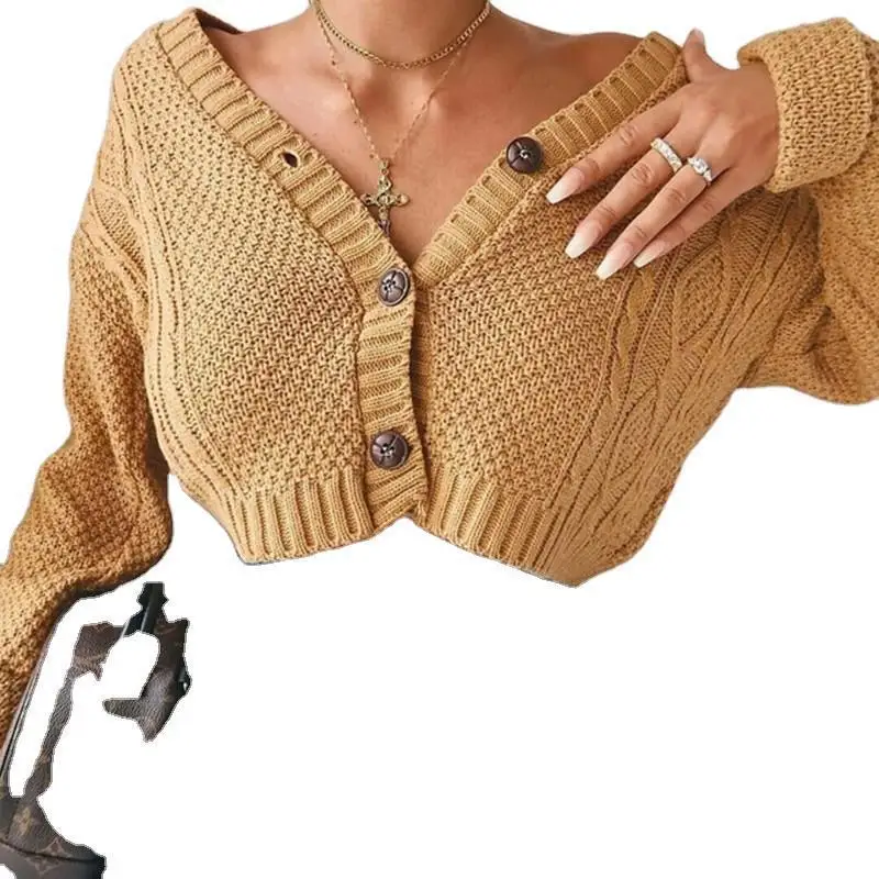 

2020 New Autumn Spring Women Sweater Cardigan Short Soild Color Fashion V Neck Silm Kintted Long Sleeve Female Casual Tops