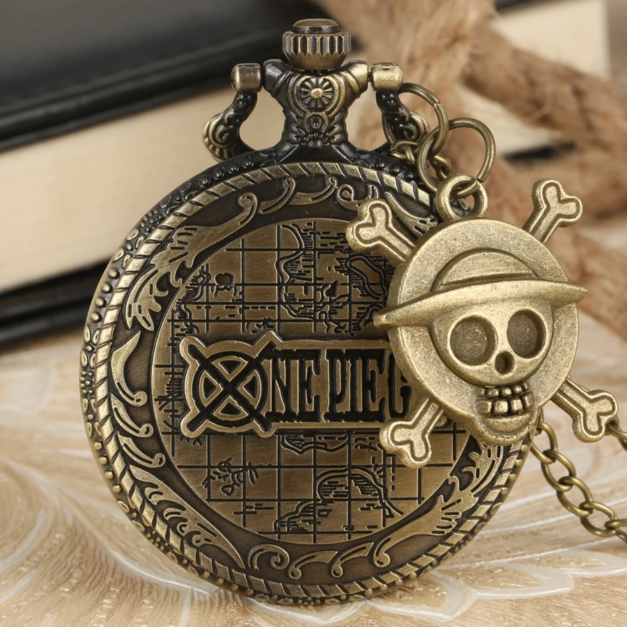 Vintage Pirate Luffy One Piece Quartz Pocket Watch Men's Clock Women's Gift Unique Cosplay Pendant reloj with Skull Accessory images - 6