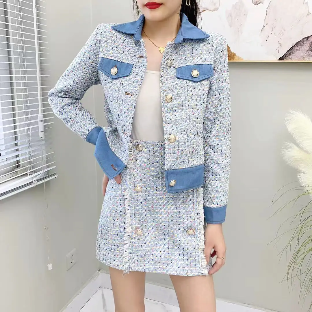 

Women Tweed Two Piece Set Spring Autumn Fashion Single Breasted Jacket + Double Breasted Mini Skirt Suits Ladies Outfits