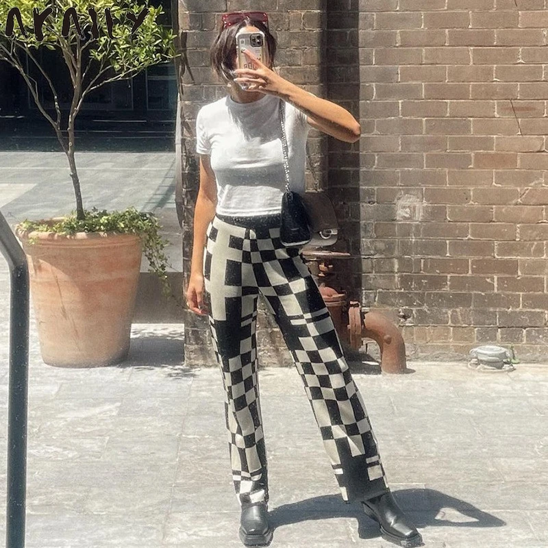 

Akaily летняя уличная одежда в клетку и длинные штаны с рисунком, для женщин с высокой талией свободные женские брюки прямые женские брюки в ви...