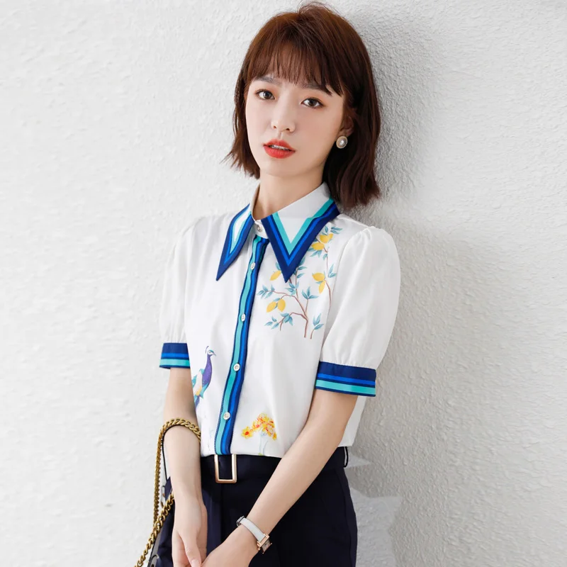 

Шелковые атласные свободные женские рубашки, новые модные блузки, рубашки с принтом и воротником-поло, летние повседневные блузки с коротки...