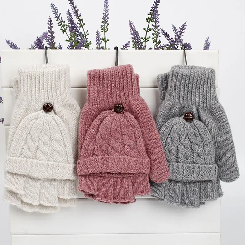 Женские и мужские однотонные зимние вязаные перчатки с откидной крышкой теплые