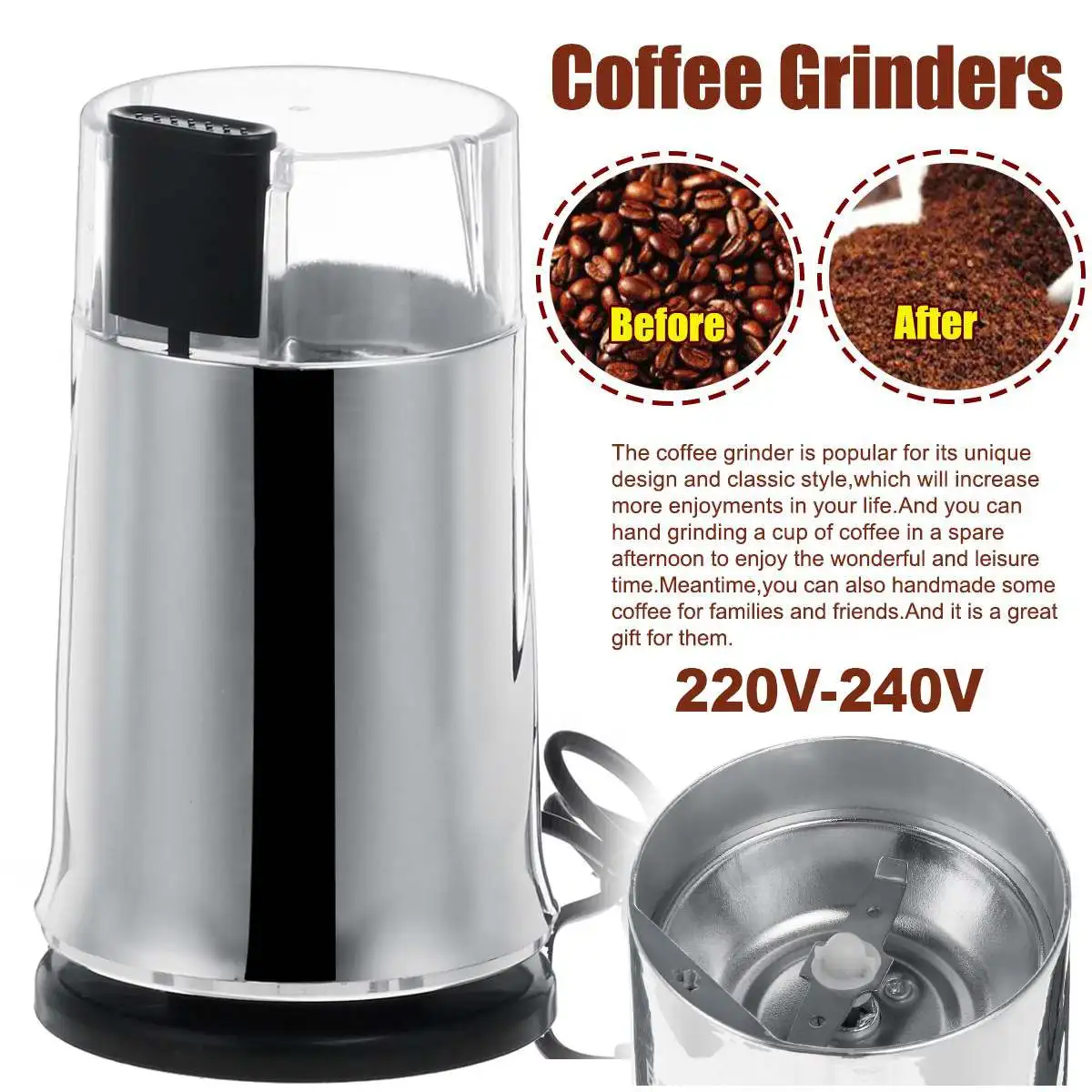 

200W Electric Coffee Grinder Mini Grinding Machine Pepper Spices Grain Nut Seed Herb Herbal Coffee Beans Milling Powder Crusher