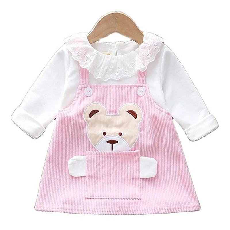 

Girls Dress Spring Autumn 2021 New Kids Casual Bear Pocket Strap Fake two Princess Dress Children Clothing For Girls Dresses