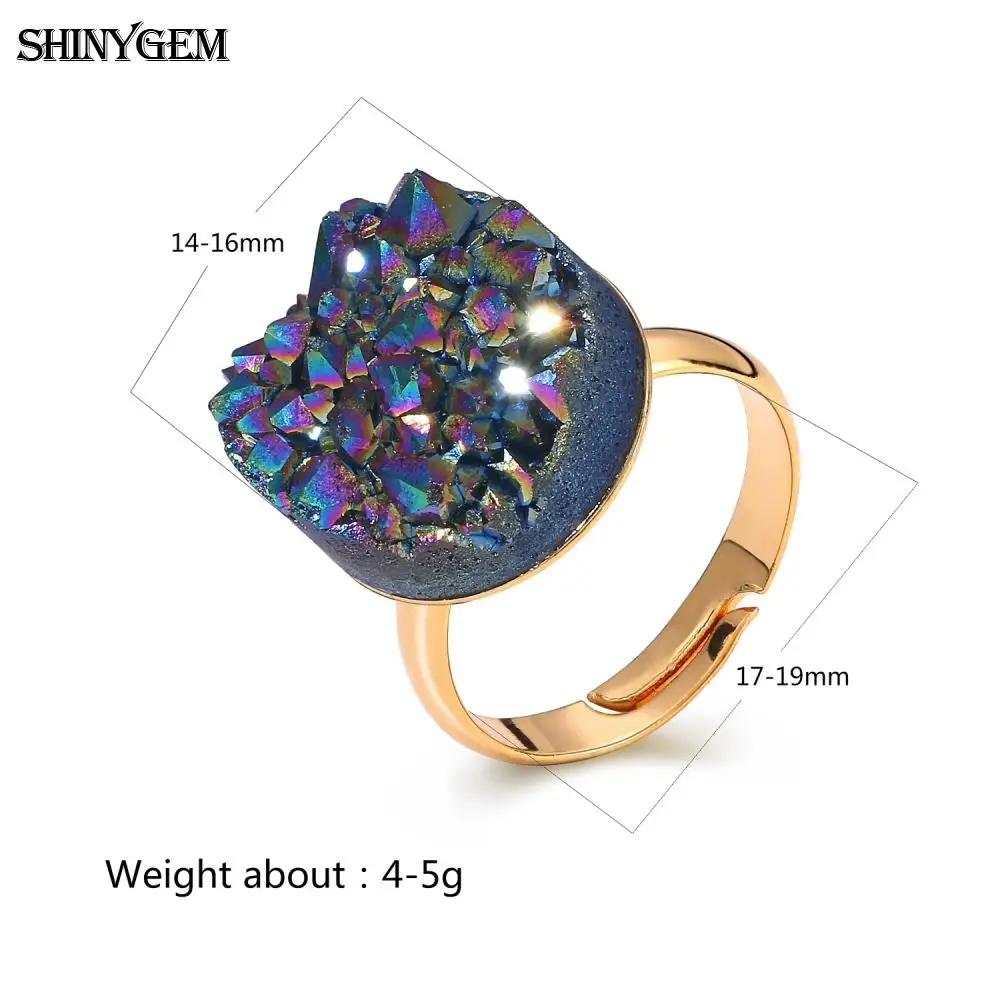 Классические кольца ShinyGem с натуральным кристаллом Druzy позолоченные Регулируемые
