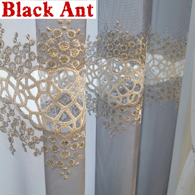 

Korean Embroidered Voile Curtain Luxury White Grey Hollow-out Lace Tulle Decor Bedroom Living Room Sheer Window Screen X760#4