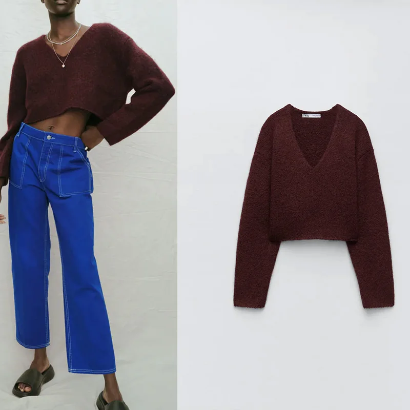 Женский вязаный свитер Za бордовый модный теплый Свободный Повседневный