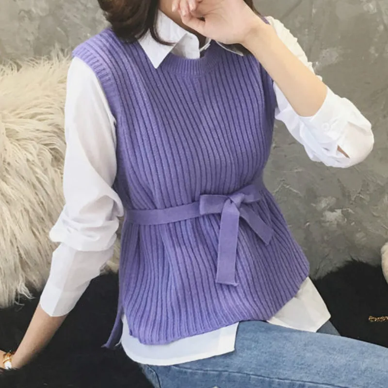 Жилет женский трикотажный без рукавов однотонный джемпер с поясом элегантная