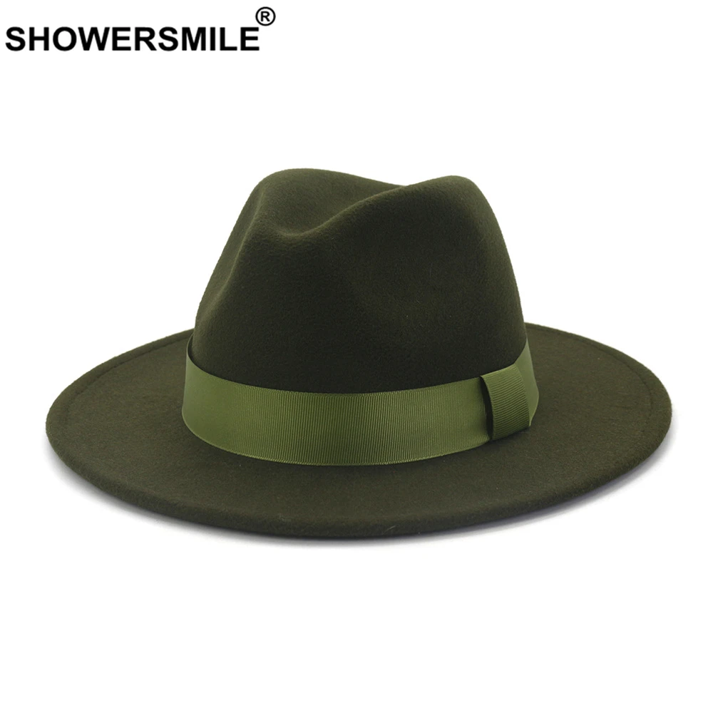 

SHOWERSMILE Army Green Wool Felt Jazz Fedora Hats Men Women Wide Brim Sombrero British Style Trilby Formal Panama Cap Dress Hat