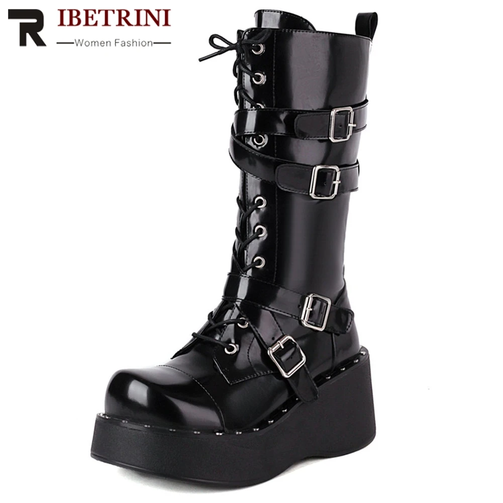 

Motorcycle Round Toe Zip Solid High Heel Buckle Med Platform Year-round Mid-Calf Women Boots Wedges Goth Shoes Woman Goth