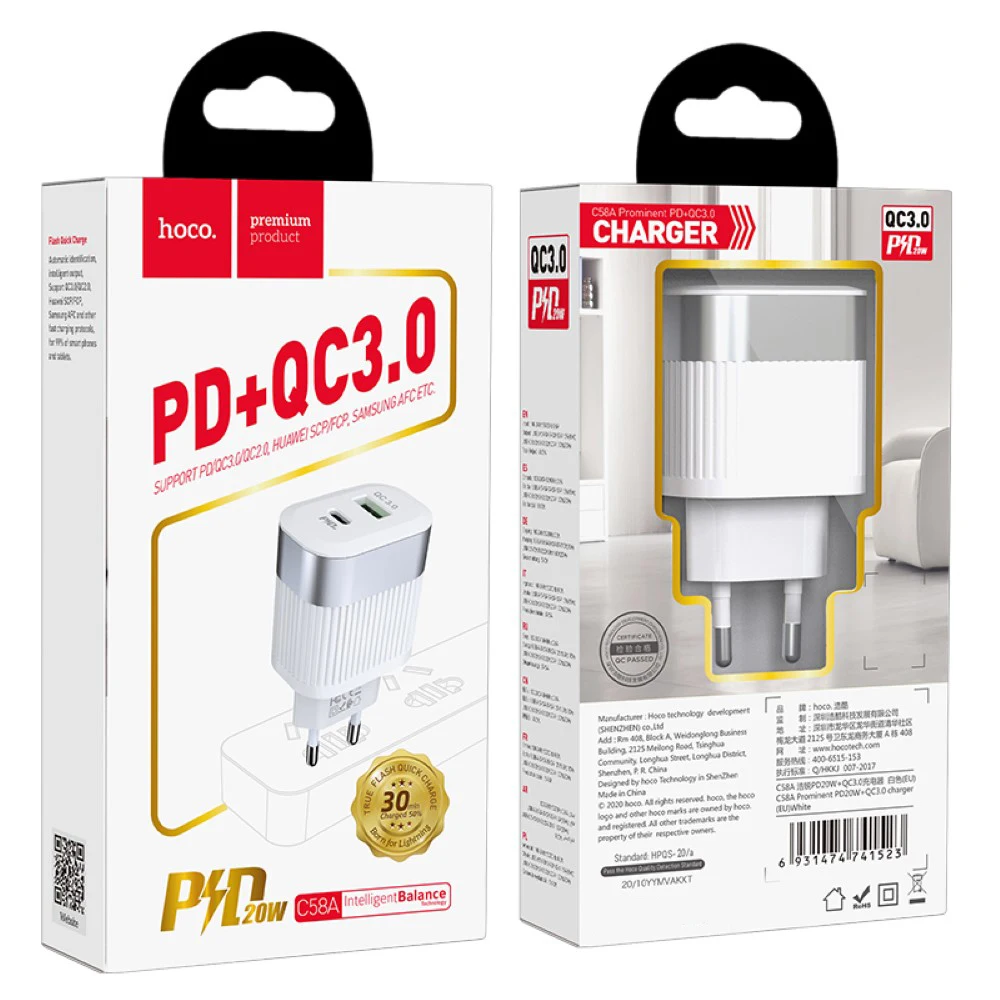 

HOCO PD20W+QC3.0 Charger Quick Charge High Power European Standard Dual Port Fast Charging Plug for Apple