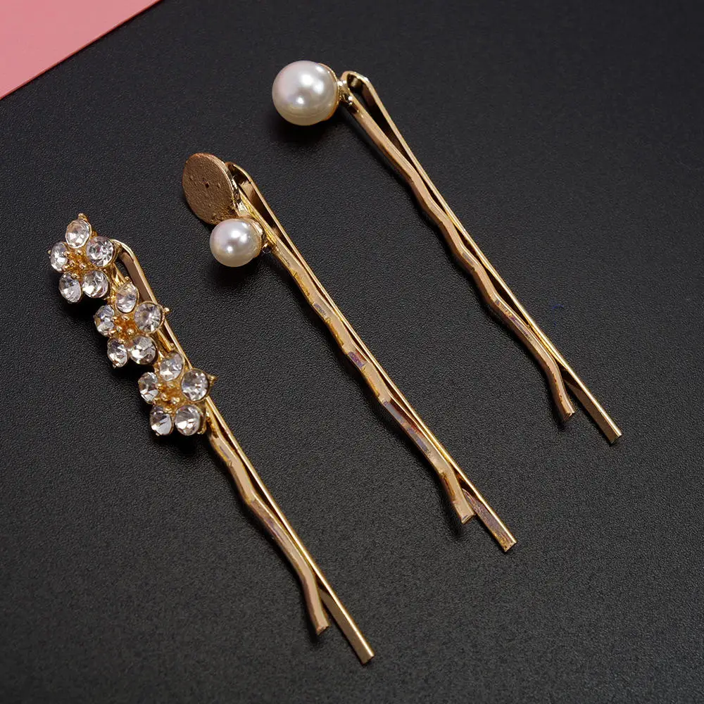 

3 Pcs Korea Imitiation Pearl Hair Clips Crystal Rhinestones Flower Metal Hairgrip