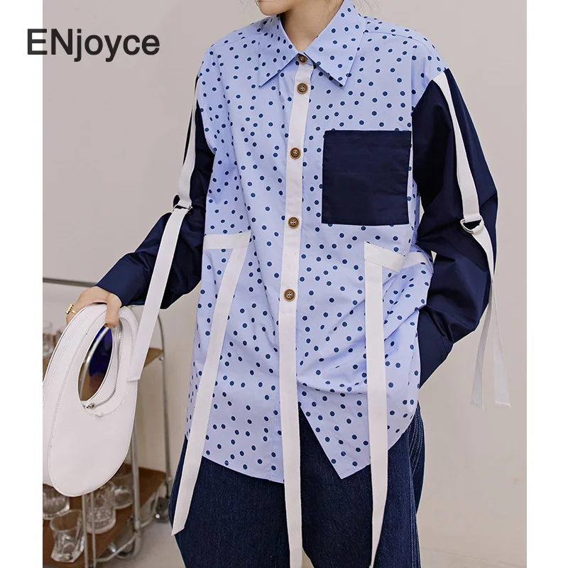 

Trendy Blue Stitching Design Shirt Women Casual Loose Long Sleeve Blouse Korean Fashion Lapel Boyfriend Style Shirts Spring Fall