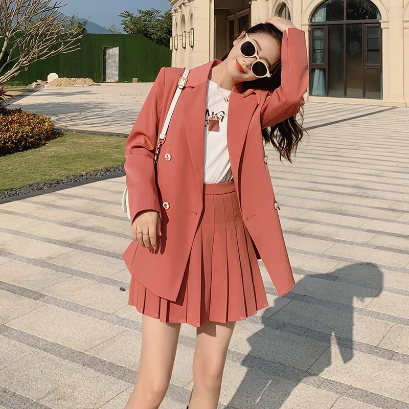 

Женский офисный костюм, элегантный пиджак и юбка в Корейском стиле, комплект из двух предметов, свободный, Повседневный, весна-осень, плисси...