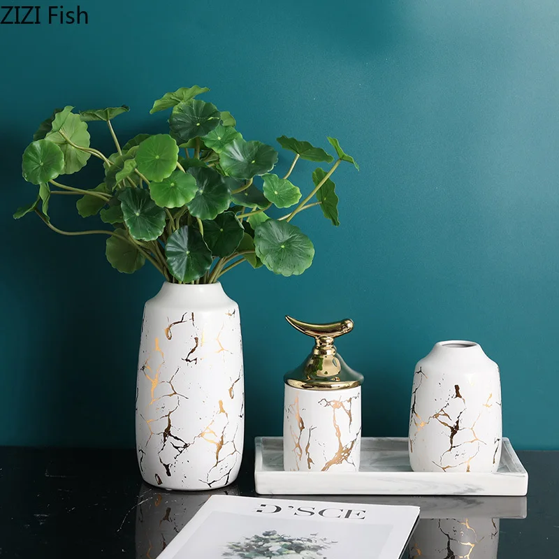Скандинавская керамическая ваза черная Золотая мраморная текстура вазы для