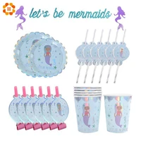 1 set mermaid series disposable tableware paper strawscup plate set kids table decoration for weddingbirthdayparty supplies