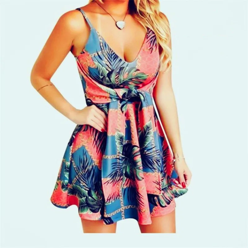 

Women Dress Sexy V-neck Sling Sleeveless Lace Up Mini Dress Vintage Floral Print Bohemia Sundress Ladies Backless Summer Dresses