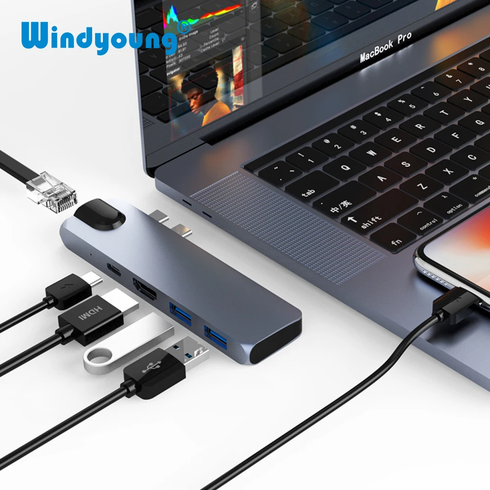 

Thunderbolt 3 Adapter USB C Hub To HDMI 4K Rj45 1000M with PD Hub 3.0 Port for MacBook Pro\Air 2018 Aluminum USB Type-C Dongle