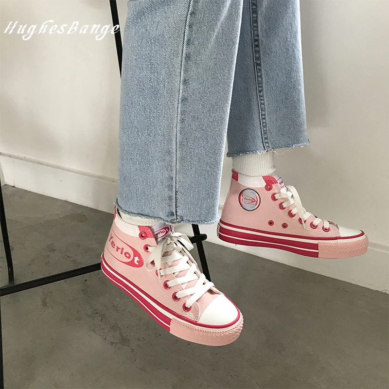 Женская парусиновая обувь с высоким берцем Цвет клубничный красный Новинка 2019