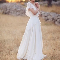 bohemian white lace wedding dresses 2020 v neck hippie style a line chiffon boho wedding gowns floor length beach bridal gowns