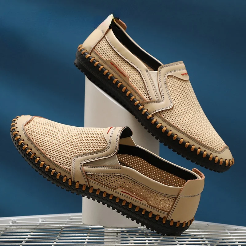 

Мужские дышащие сетчатые туфли, коричневые повседневные лоферы из натуральной кожи, с перфорацией, большие размеры до 48-го, лето 2021