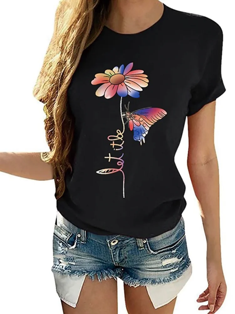 

Colorful Flowers Butterfly Printing T-shirts Women Summer Graphic Tees Aesthetic Woman Tshirts Cotton O Neck Ladies Tops Femme