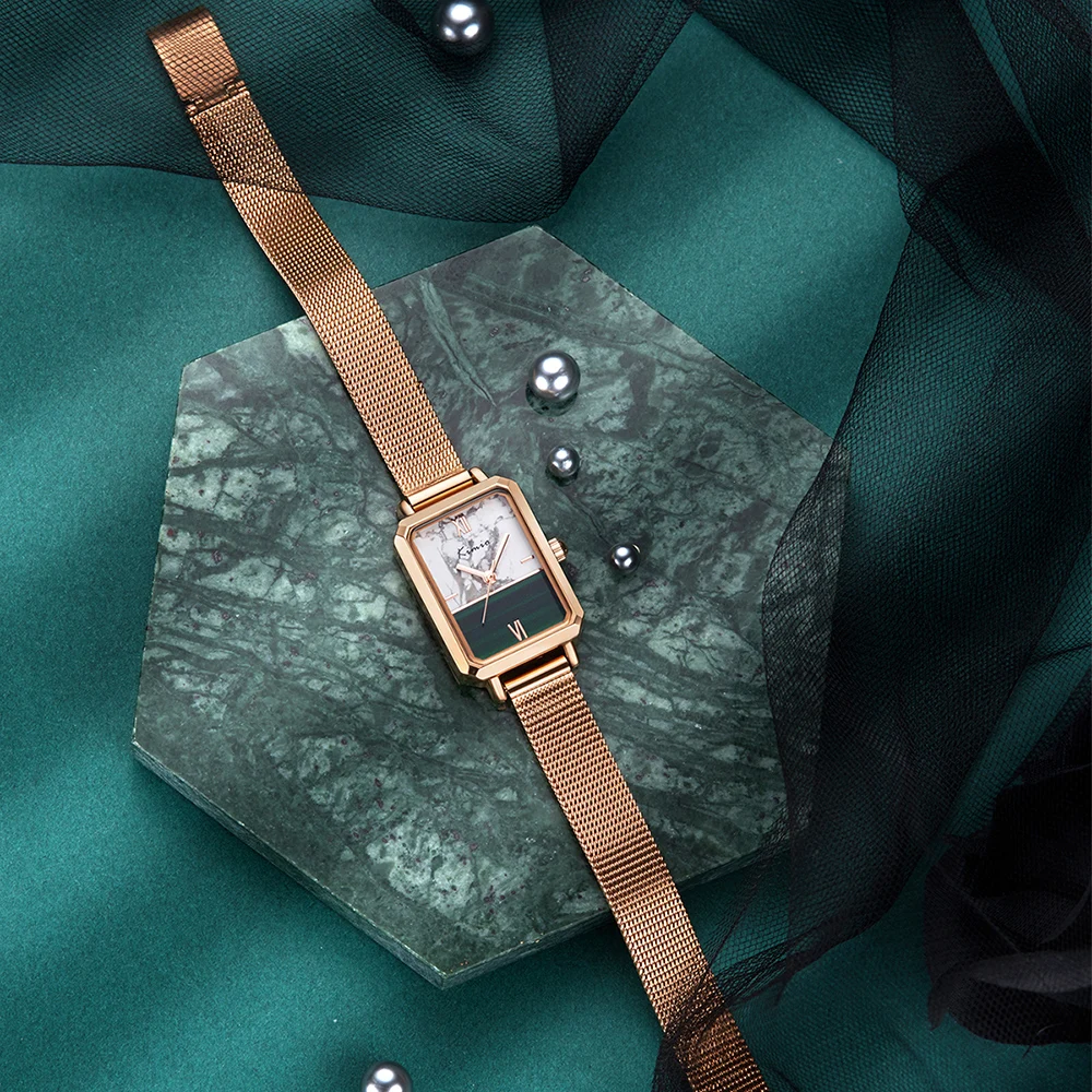 Женские прямоугольные часы KIMIO кварцевые с простроченным циферблатом и звездным